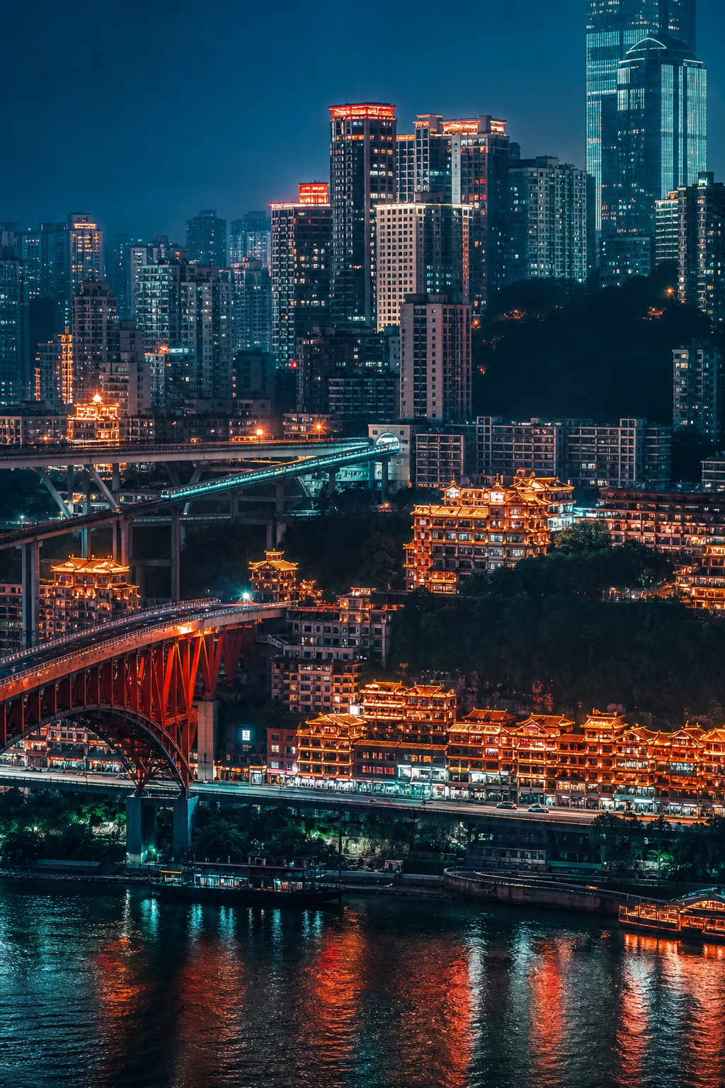 Chongqing's layered skyline glowing above the river at night