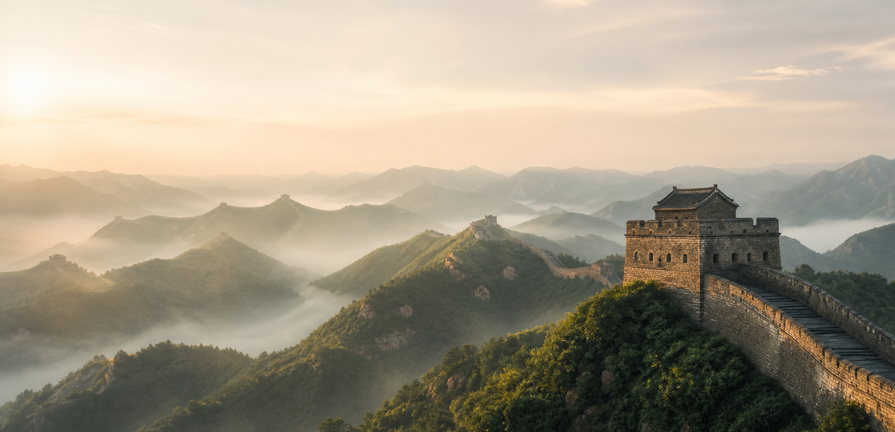 The Great Wall winding through misty mountains at sunrise