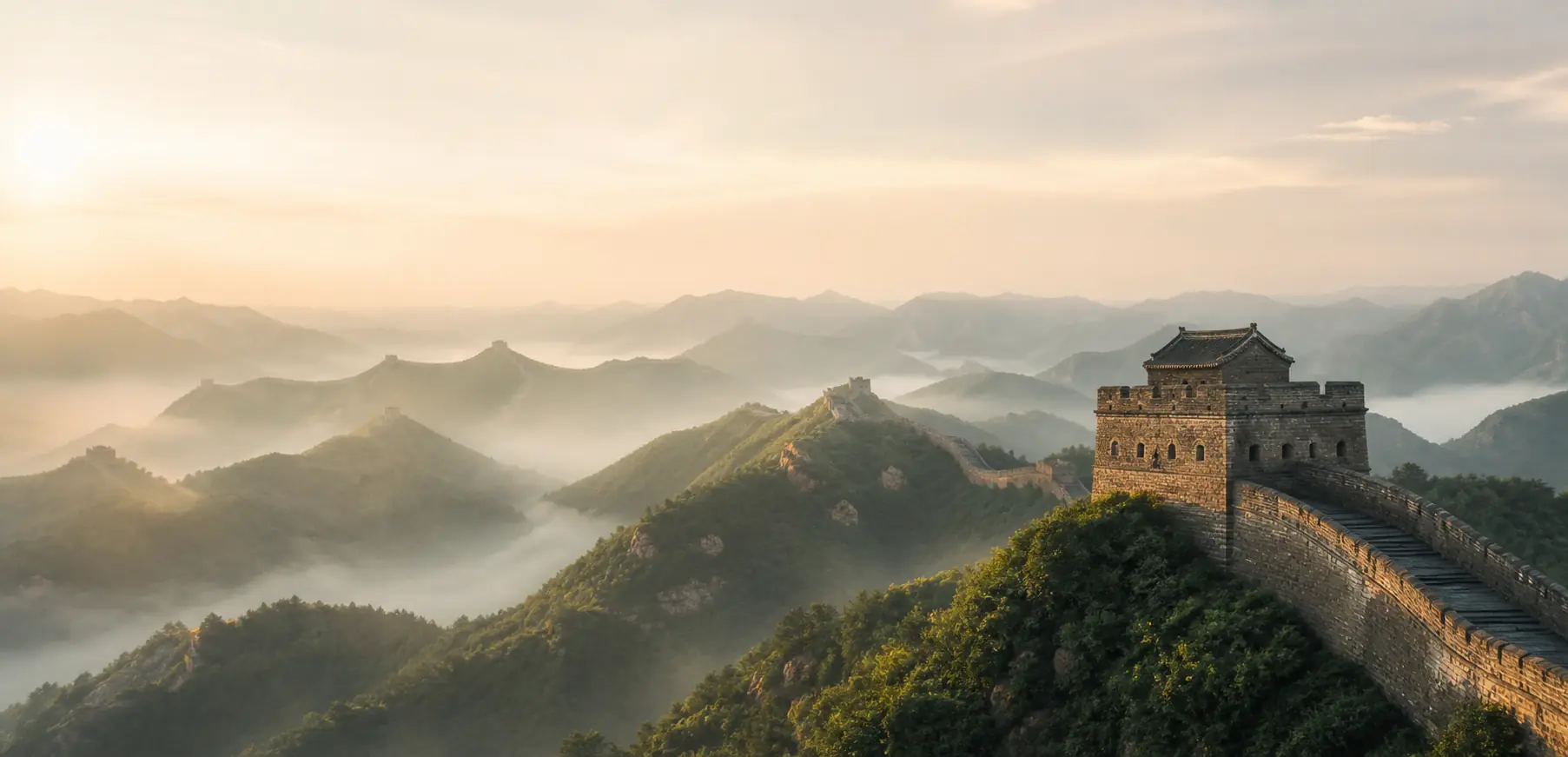 The Great Wall winding through misty mountains at sunrise