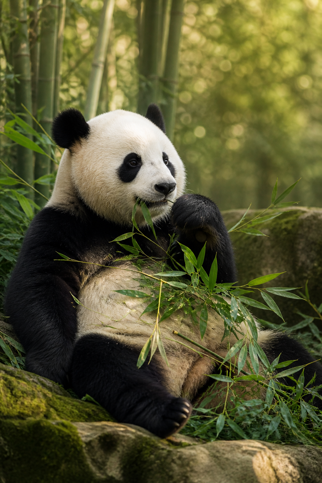 A giant panda enjoying bamboo in Chengdu