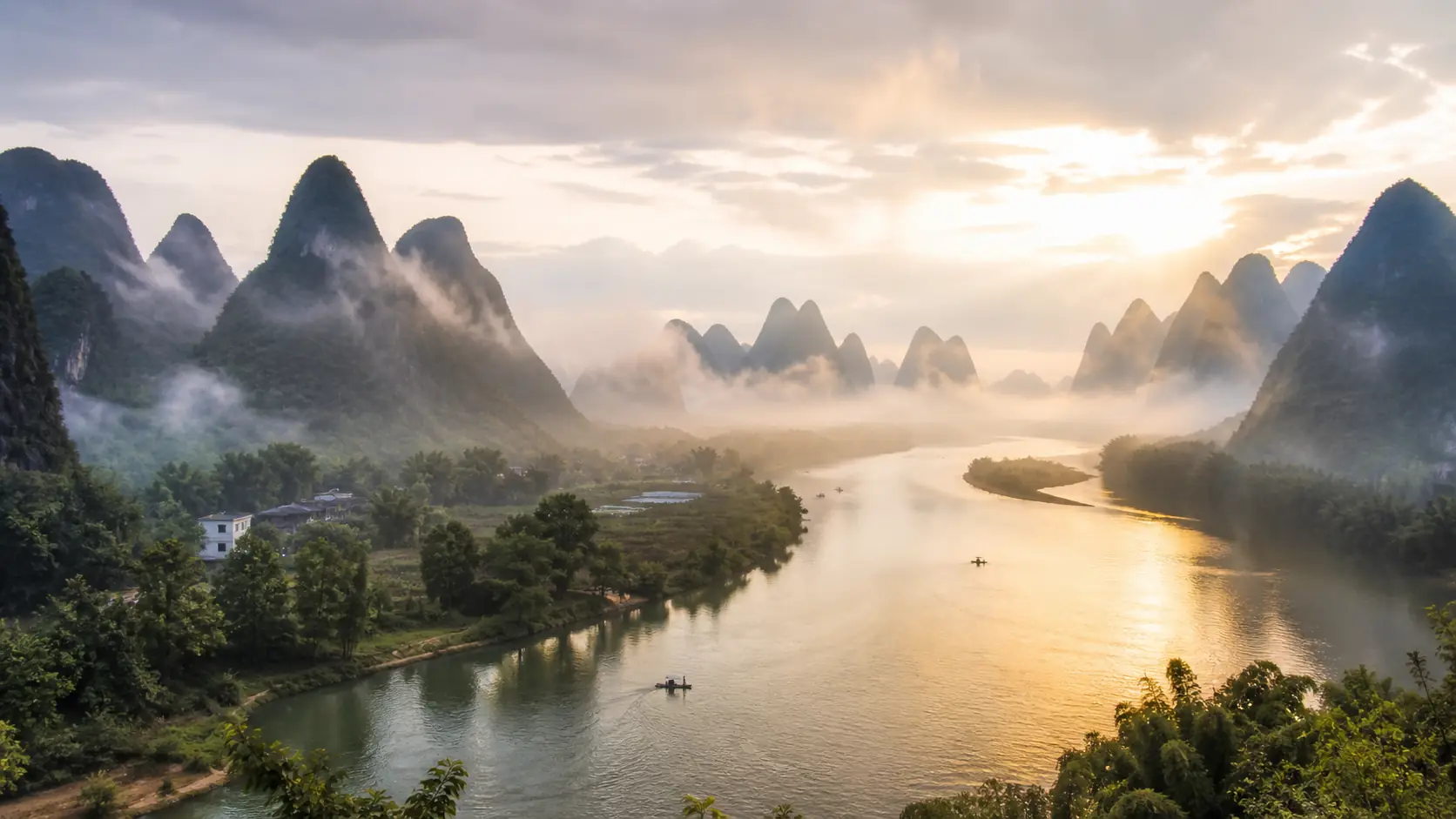 The Li River winding through Guilin's karst mountains
