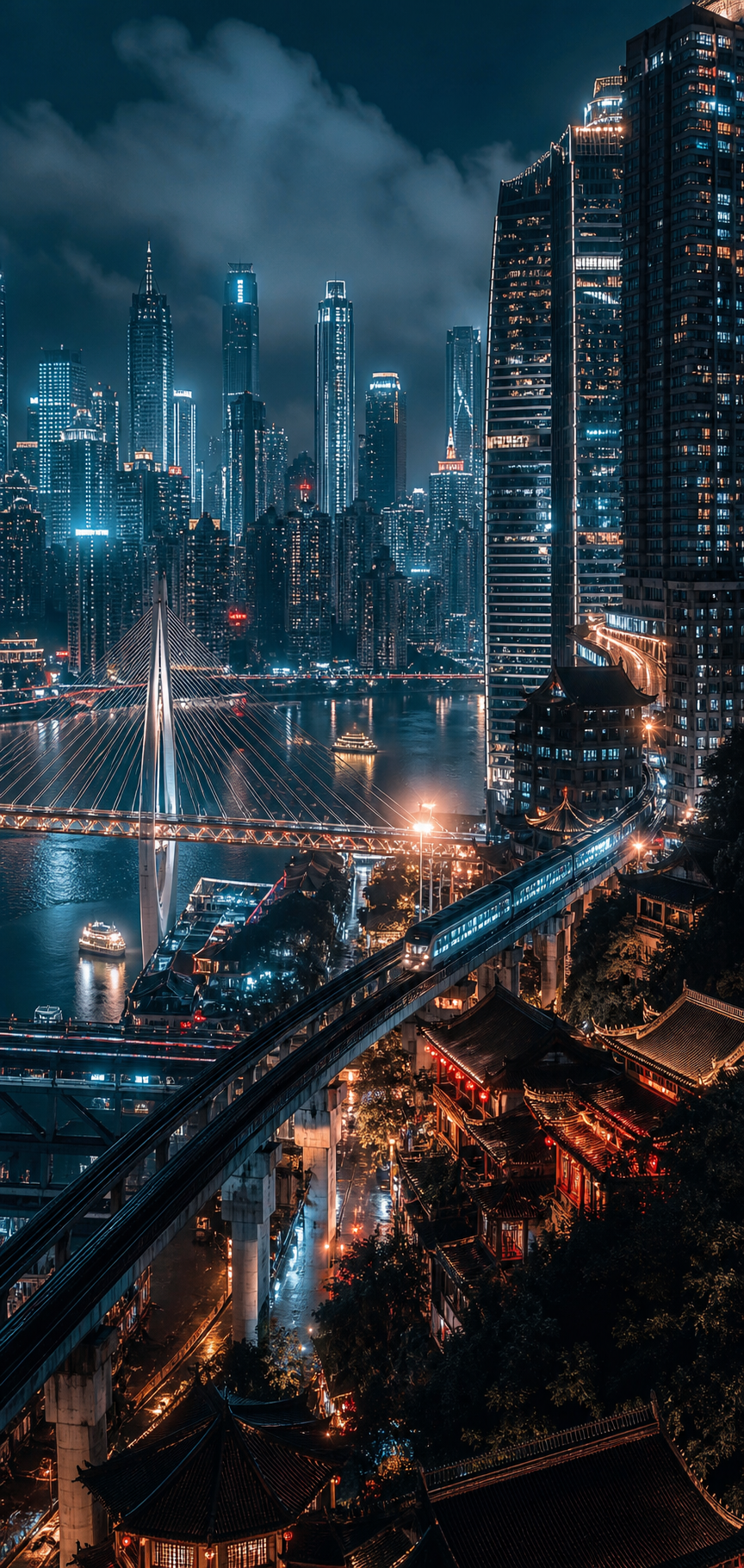 A layered Chinese megacity glowing above the river at night