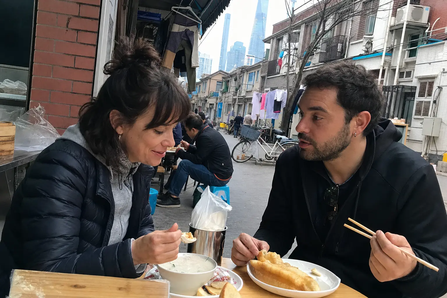 Spanish travellers exploring a Shanghai neighbourhood